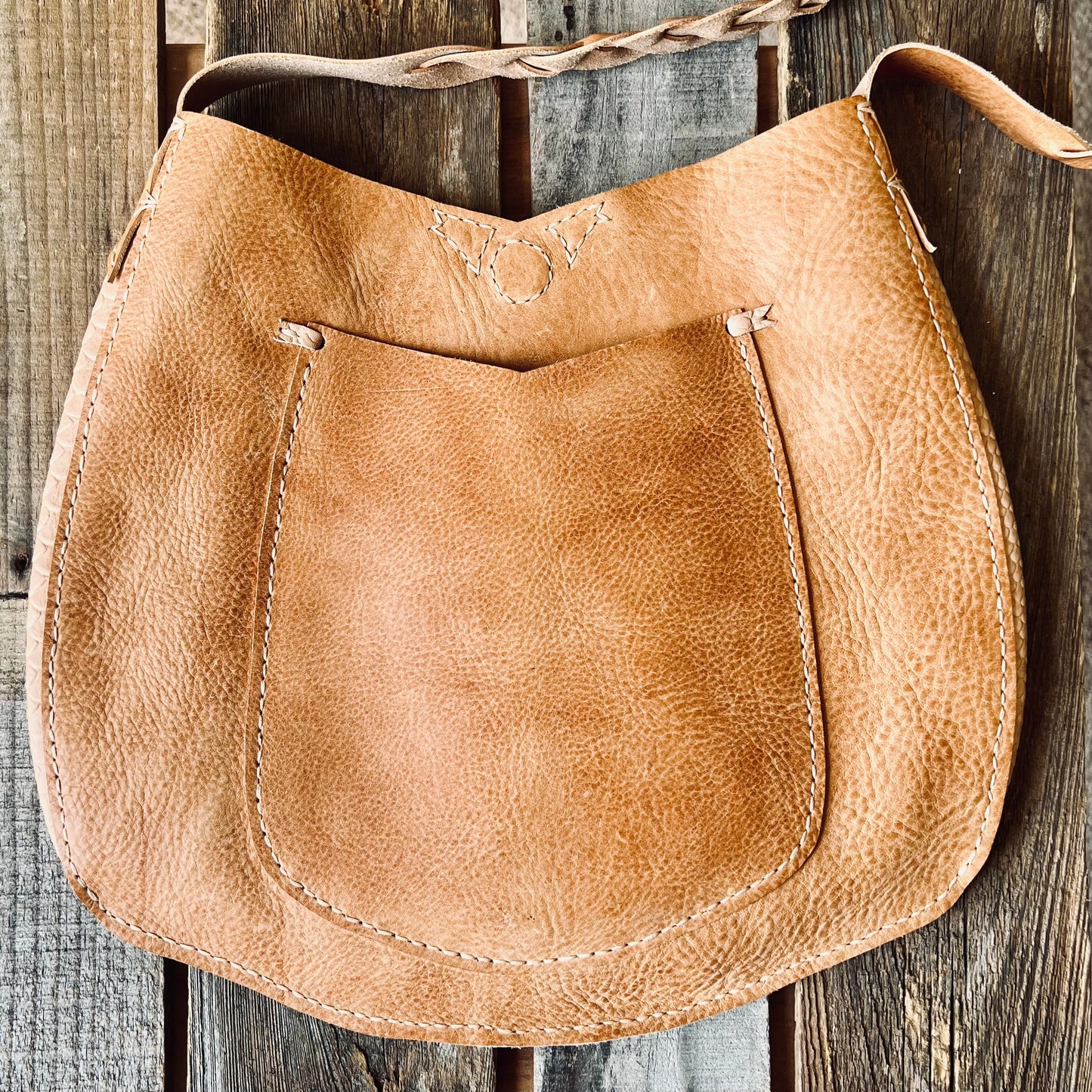 1974 Beaufort River Hobo Bag Photo Showing the back of the Handbag and its large pocket. Also shows detail stitch work