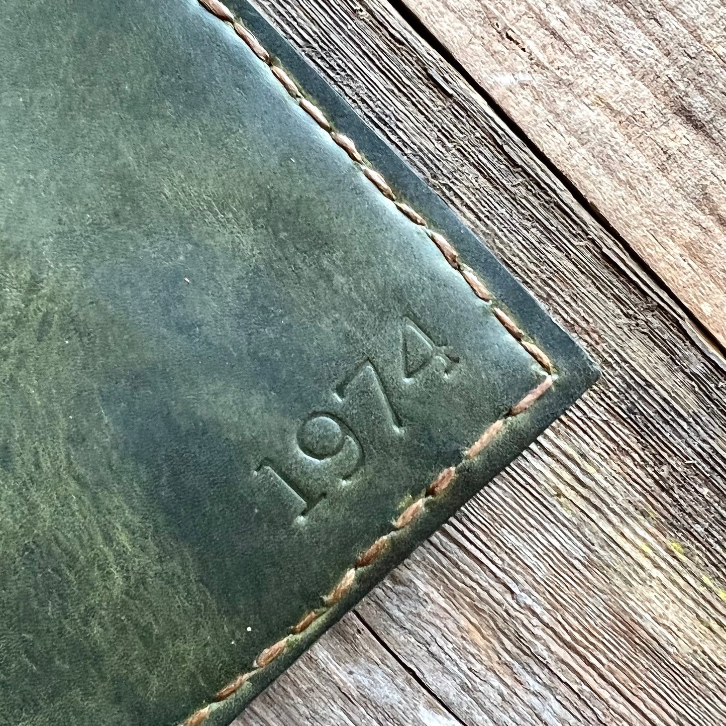 1974 Finnegan Leather Wallet in Forest leather & rustic gold stitching