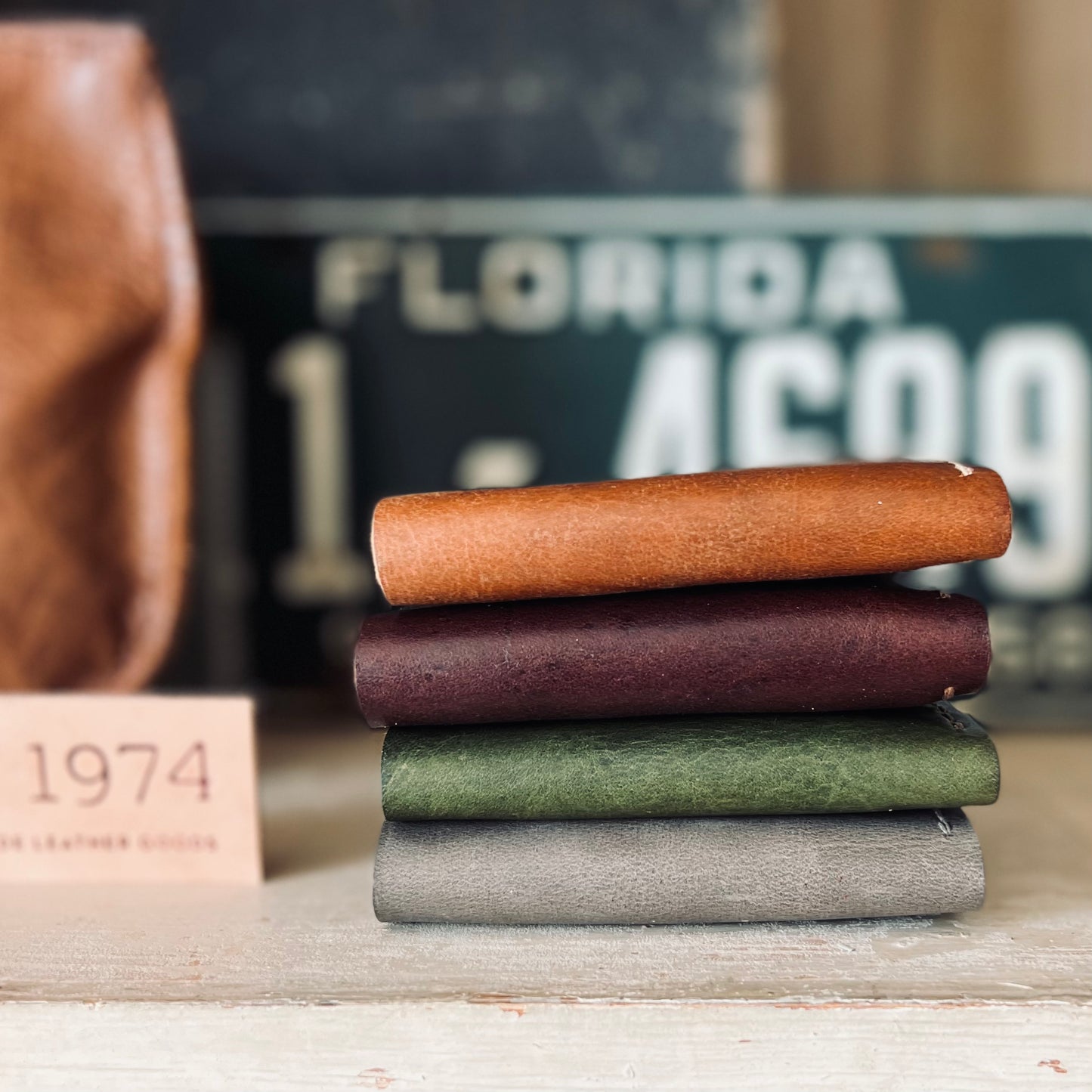 1974 Finnegan Leather Wallet Stack in Hickory, Chestnut, Forest and Smoke