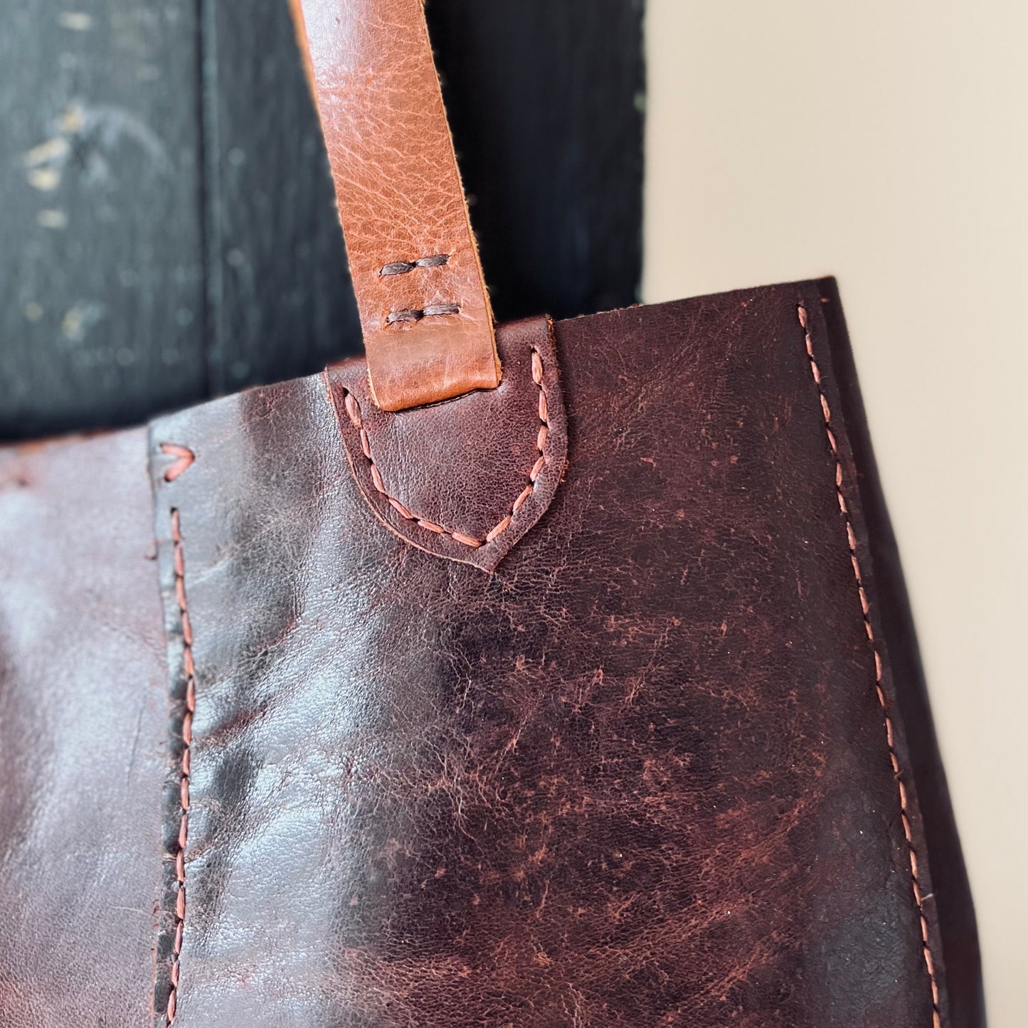1974 St. Johns River Leather Tote Bag Detail of where the handle meets the bag