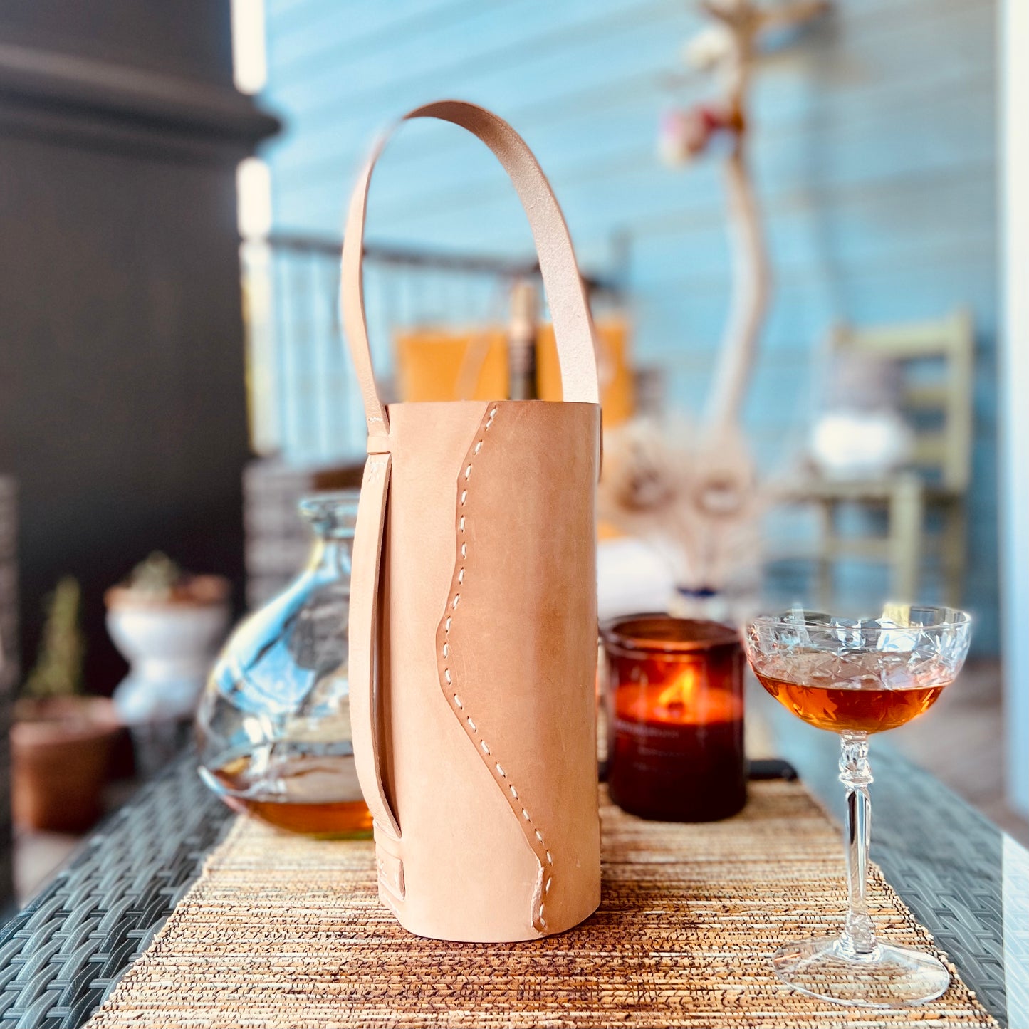 1974 Leather Whiskey & Wine Bottle Tote in Natural Veg-Tan Leather