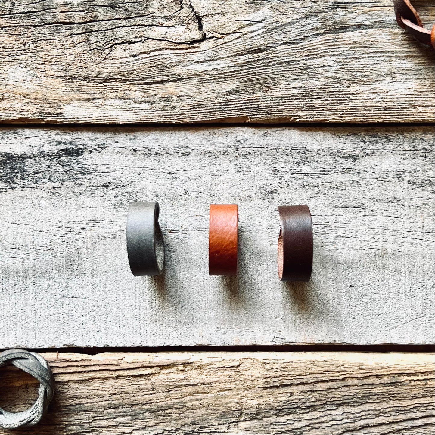 1974 Dakota Leather Band Rings in Smoke, Hickory & Chestnut