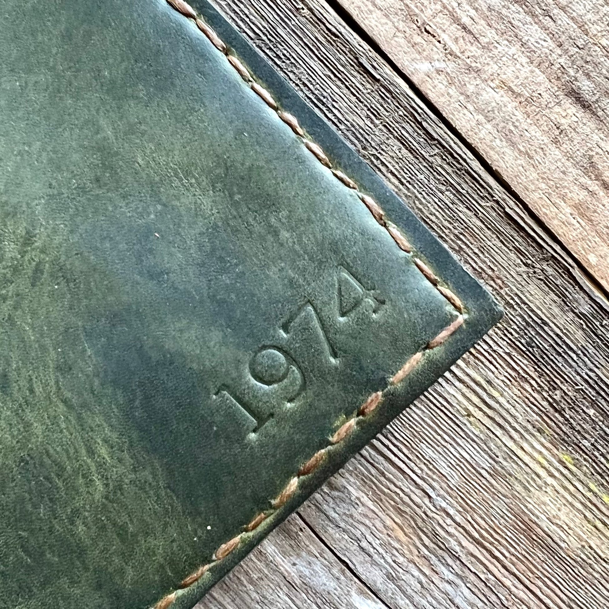 1974 Finnegan Leather Wallet in Forest leather & rustic gold stitching