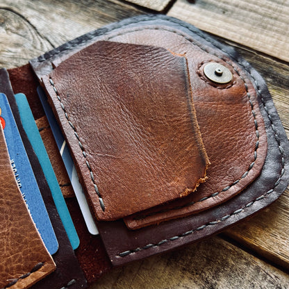 1974 Thames River Wallet in Chestnut & Hickory with another view of the pocket with flap