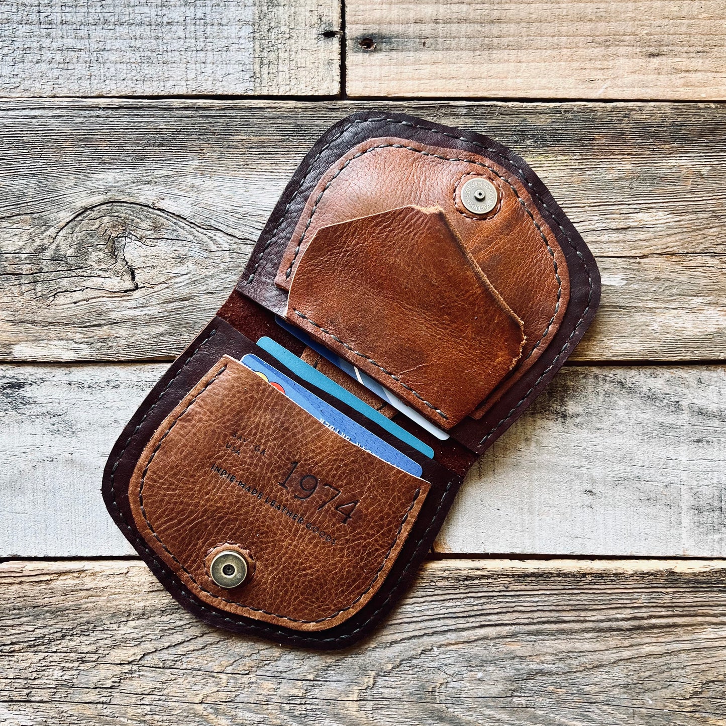 1974 Thames River Wallet in Chestnut & Hickory, Inside detailing with 3 card/cash slots and one pocket with a flap. 