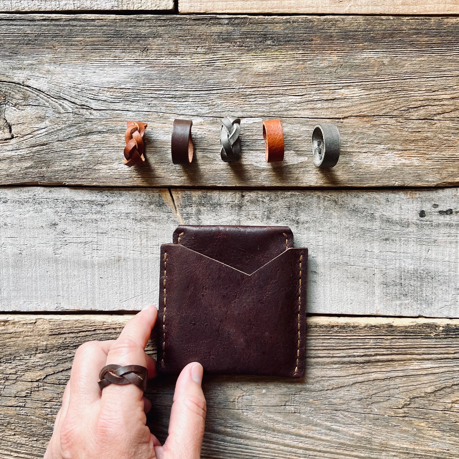 1974 Dakota Leather Rings featuring 1974 James Wallet and Braided Ring in Chestnut